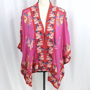 Mahila Kimono Cardigan OS Floral Pink Red Open Front Flowy Modal